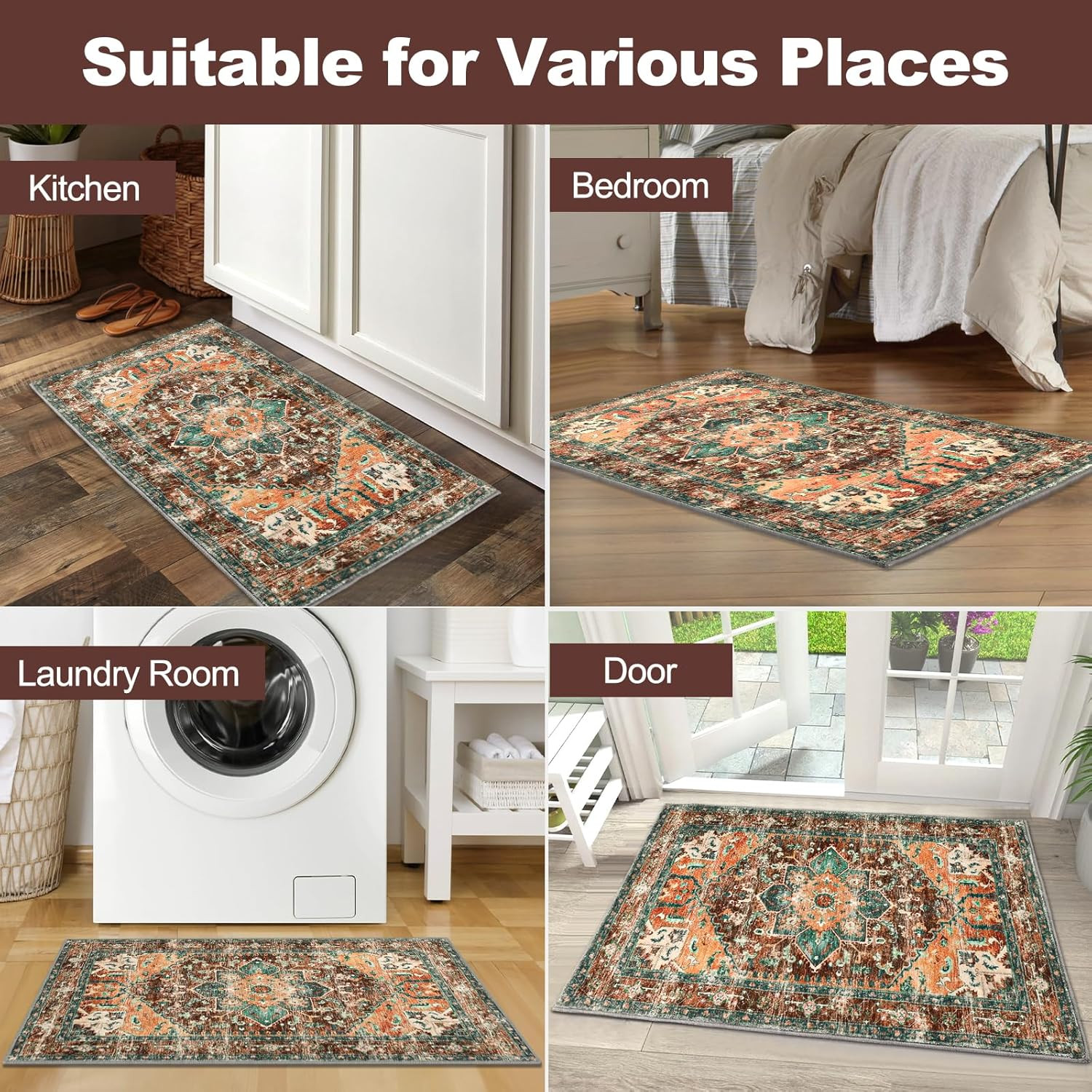 Washable Area Rug, 2×3 Small Entryway Rug Non-Slip Boho Vintage Rug with Rubber
