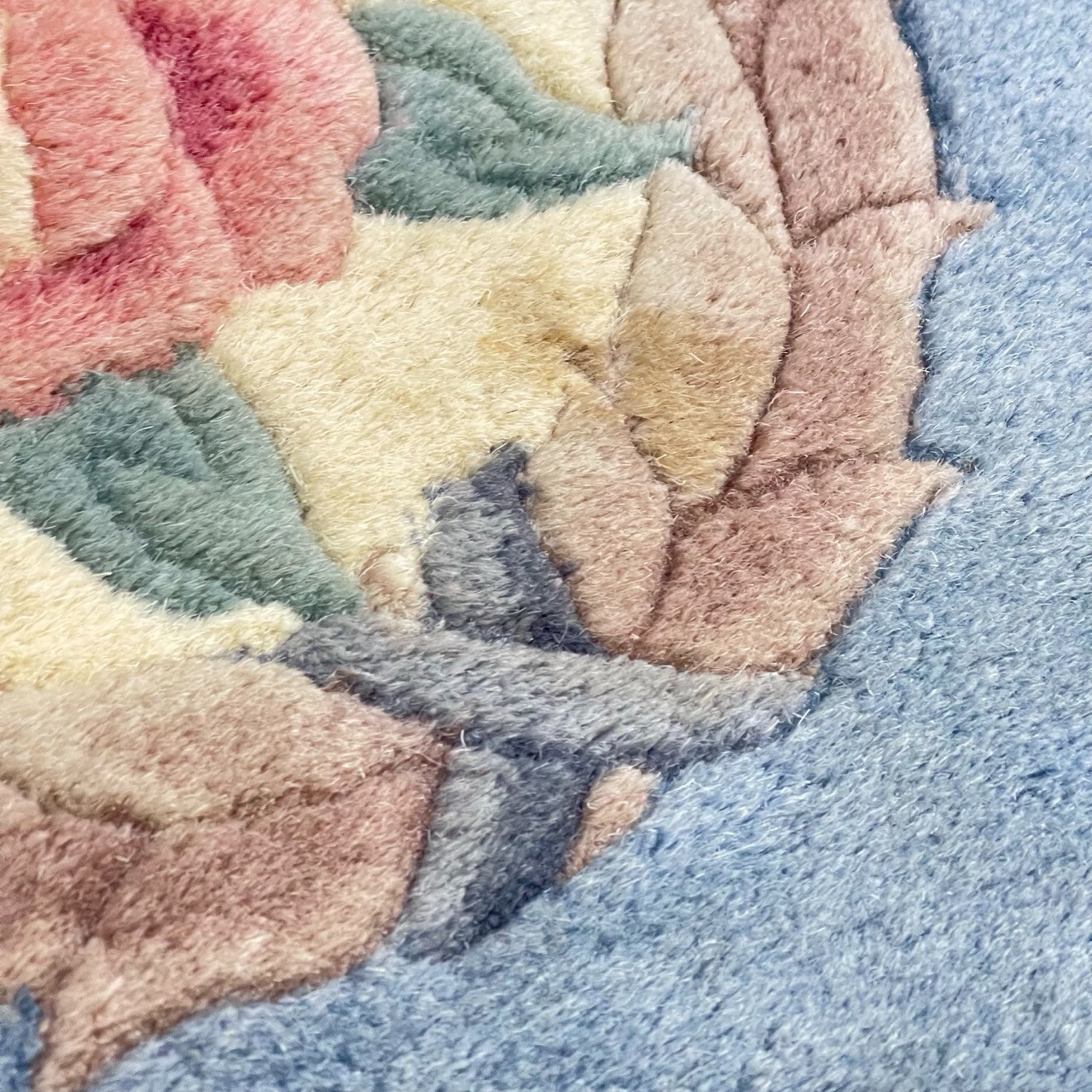 3x3FT Handmade Octagonal Chinese Area Wool Rug Flowers Fringe Vintage 70s