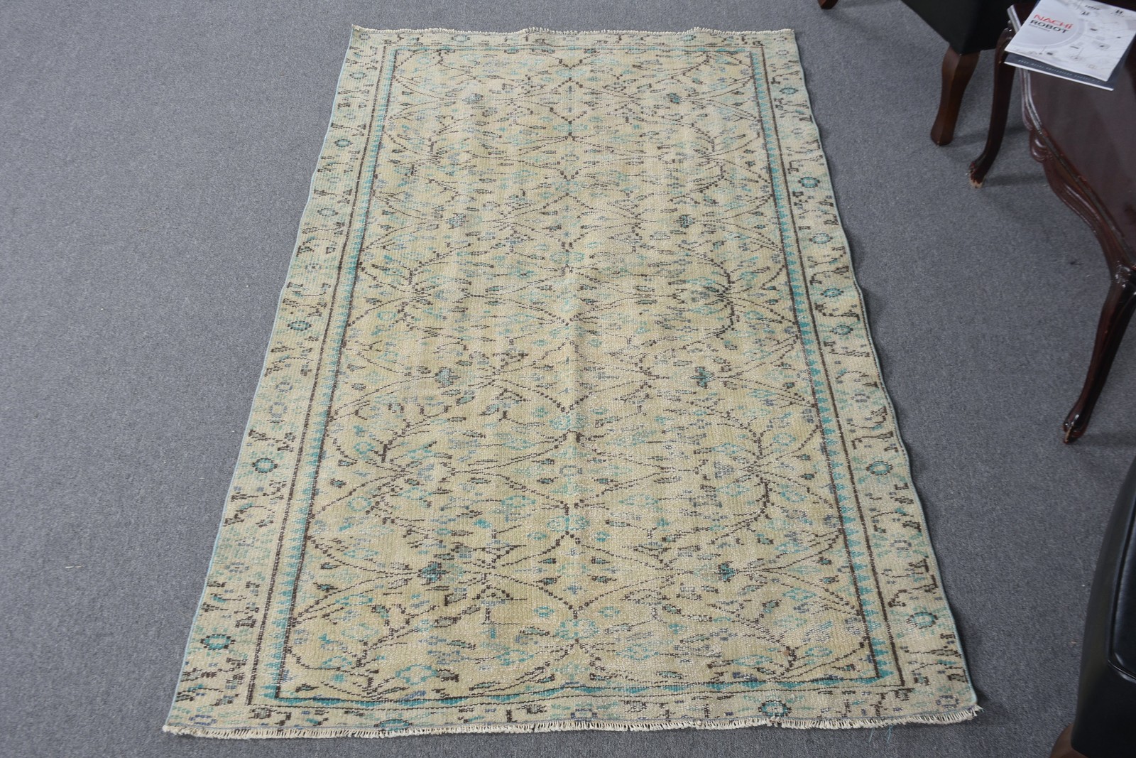 4×7 ft Turkish Vintage Rug, Area Rug, Blue Floral Rug