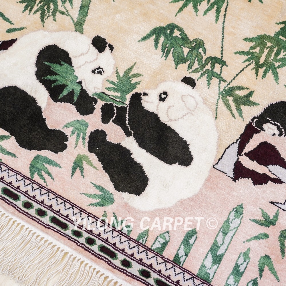 2x3ft Handmade Silk Area Rug Pandas Pattern Tapestry Hand-knotted Carpet LJH095A