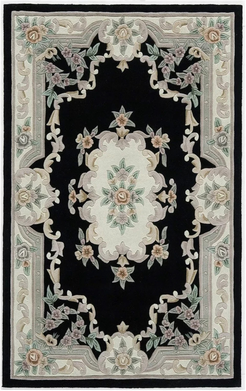 Black Wool Area Rug – Hand-Tufted Classic Floral for Elegant Hom Carpet