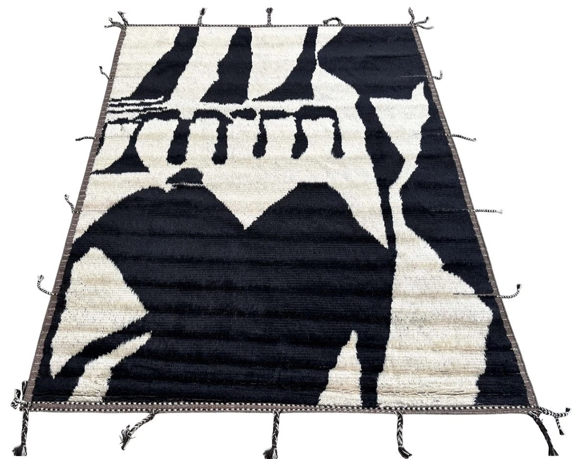 Hand Knotted Style Moroccan Berber Wool Rug Color Black Cream Design Carpet Rug