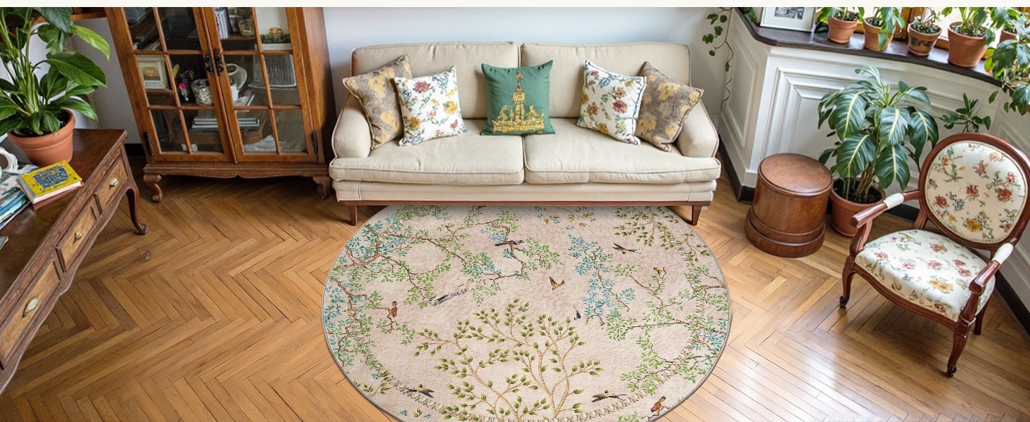 Yarden Round Rugs 8ft Beige Botanical Birds Print Machine Washable 8′ Circle