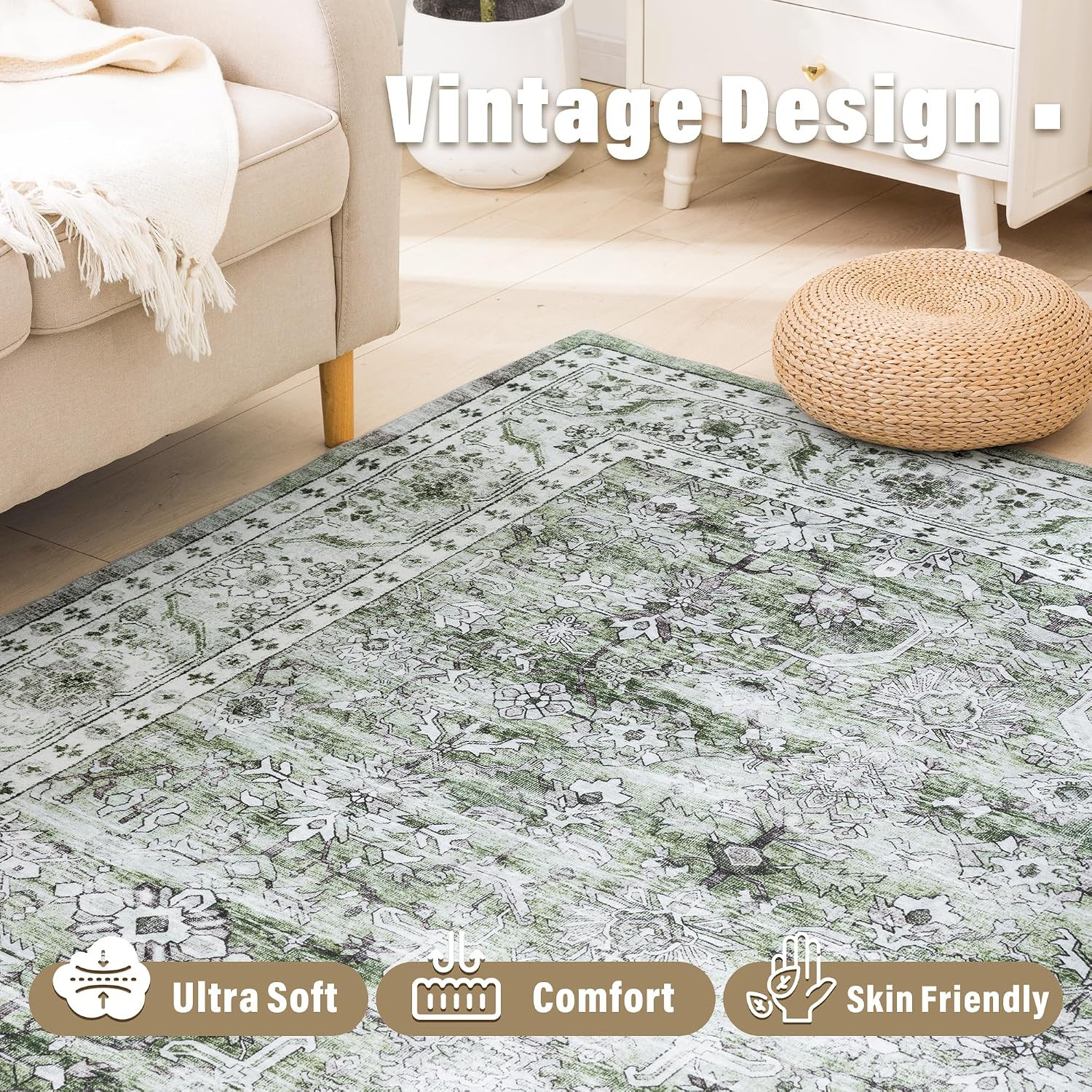 5X7 Area Rug – Sage Green Vintage Distressed Floral Carpet, Ultra Soft Low Pile