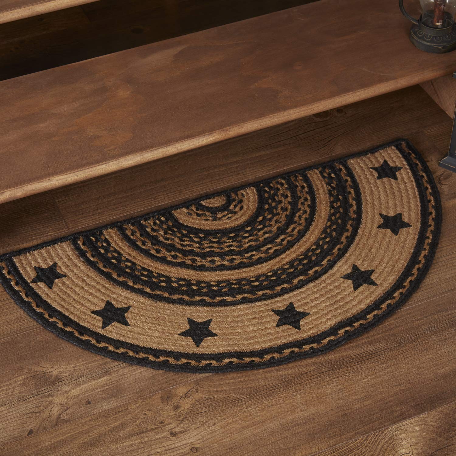 Farmhouse Primitive Jute Accent Rug Half Circle Stencil Stars Border w/Pad 16…