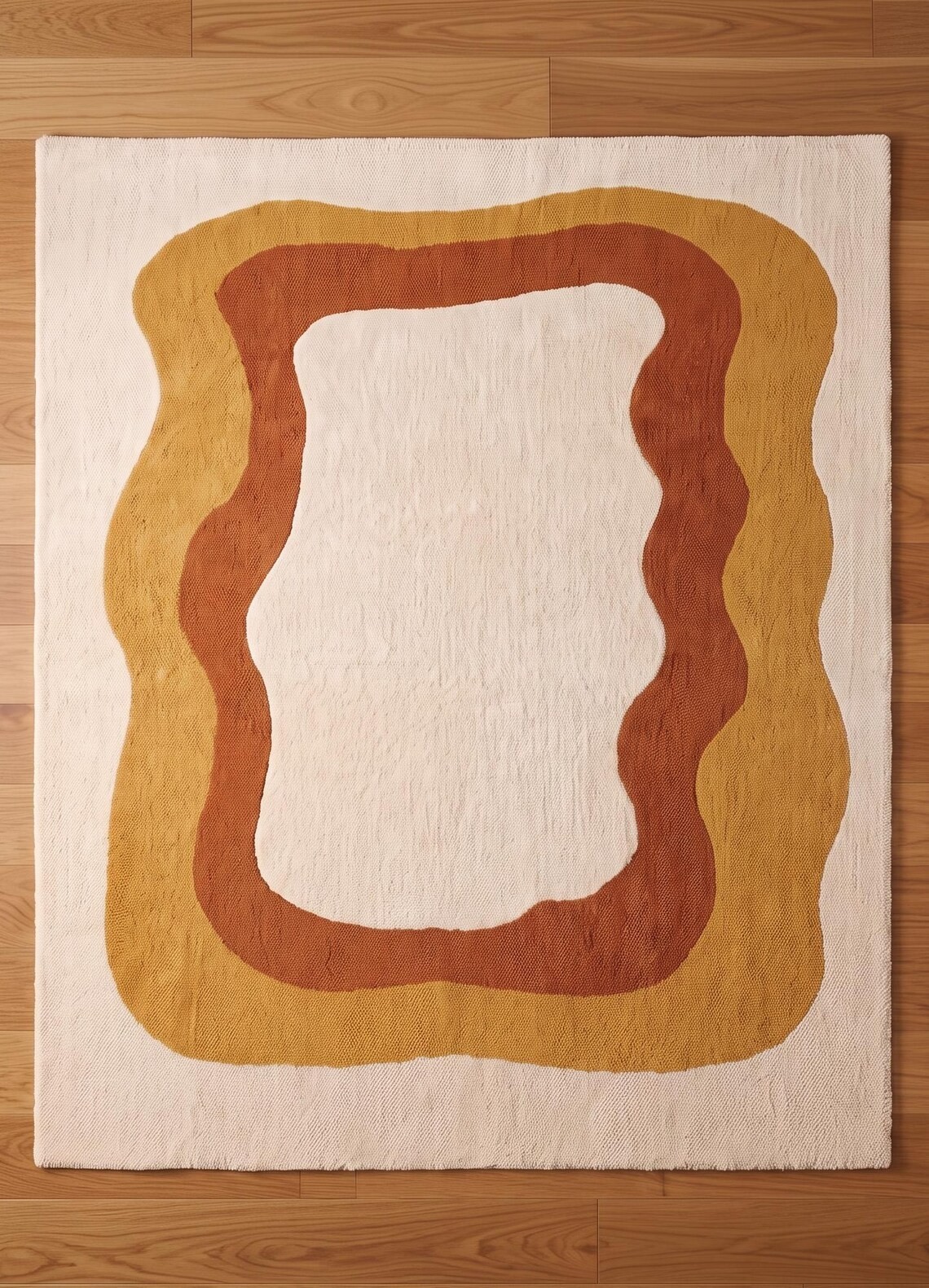 Mid Century Modern Wavy Hand Tufted Wool Rug Terracotta Mustard Cream Area Rug.