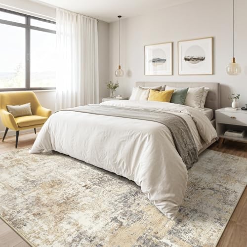 Area Rug Living Room Rugs: 5×7 5′ x 7′ (Rectangular) Abstract Gray Gold
