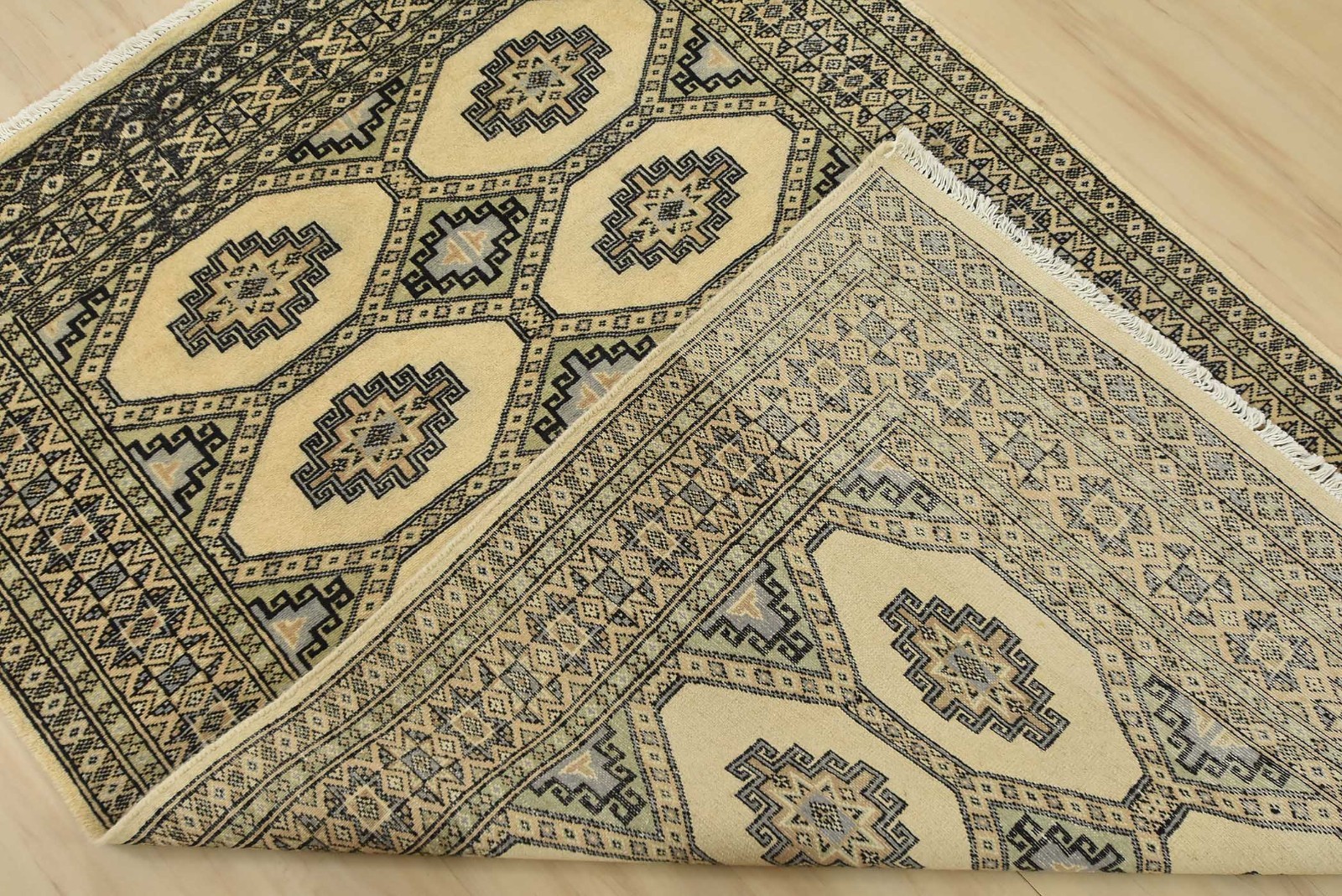 Bokhara Jaldar Rug 3’11” x 5’9” Beige Wool Tribal Hand-Knotted Oriental Carpet