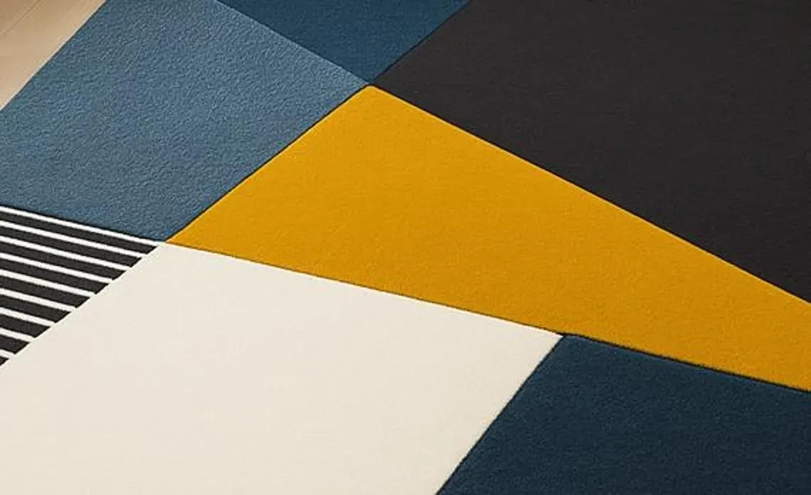 Geometric Wool Area Rug, Navy, Mustard, Cream, Hand-Tufted Area Rug Carpet.