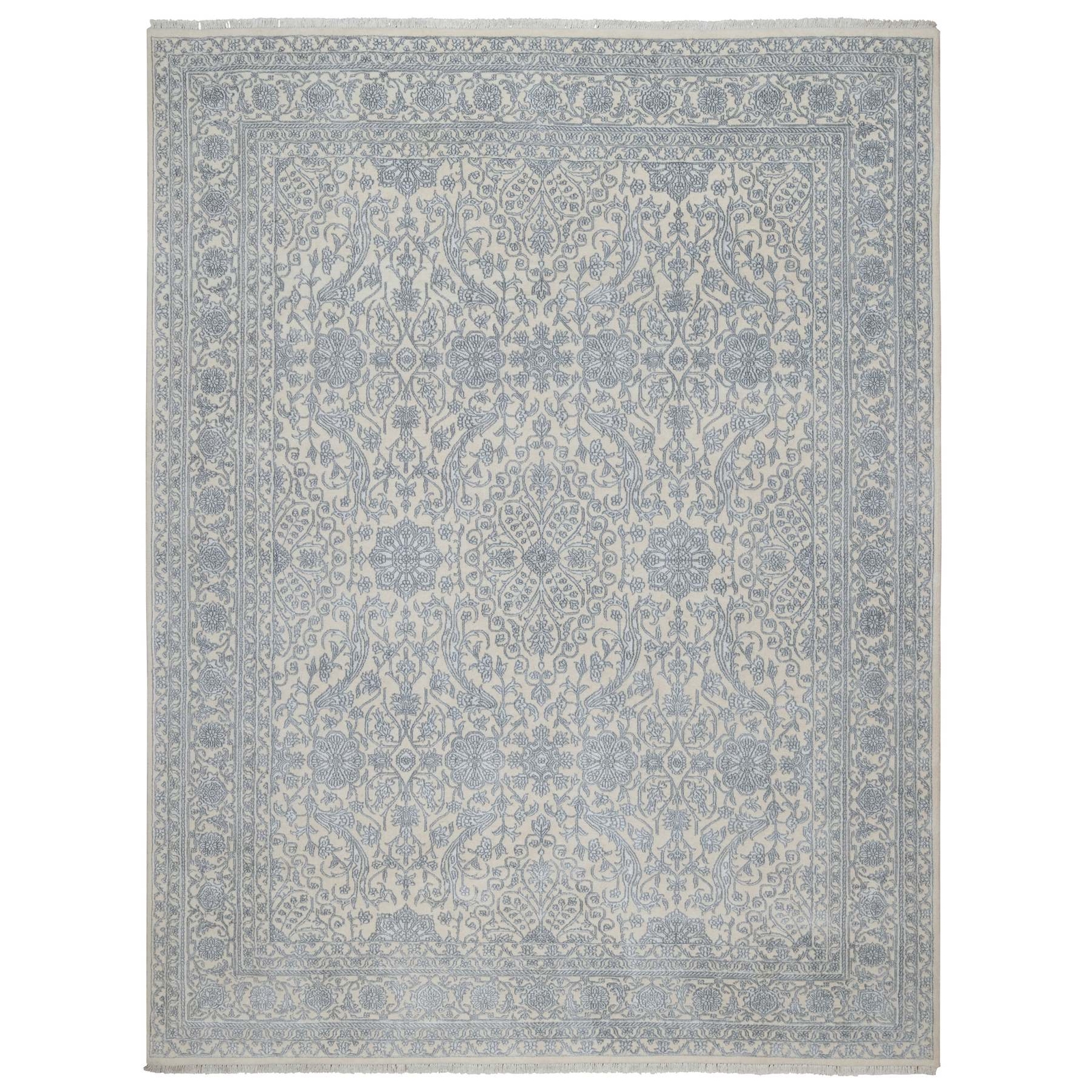 7’9″x10’2″ White Zoroastrian Design Wool and Bamboo Silk Hand Knotted Rug R91366
