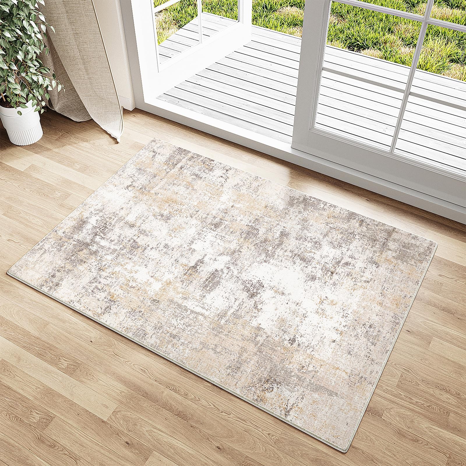 2×3 Washable Area Rug Beige Grey Abstract Non Slip Soft Low Pile Small Rug fo…