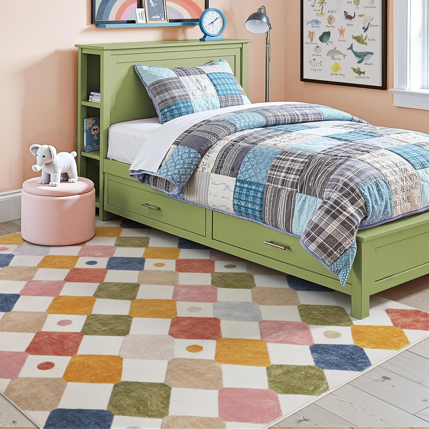 Macy 5X7 Area Rug for Kids Room Modern Colorful Nursery Rug Checkered Diamond Pl