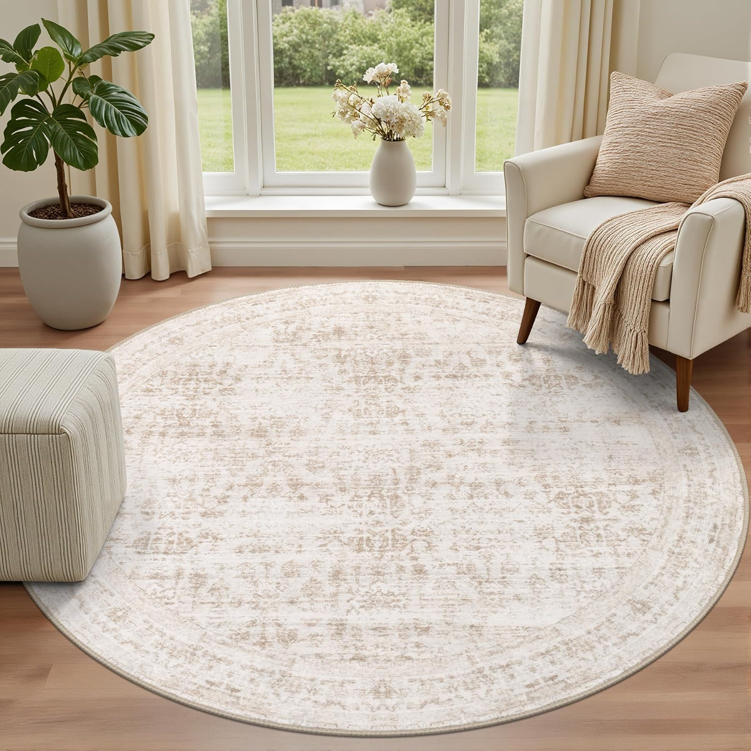 Round Area Rug for Living Room: 8 Ft Washable Vintage Boho Soft Thin Circle Rug
