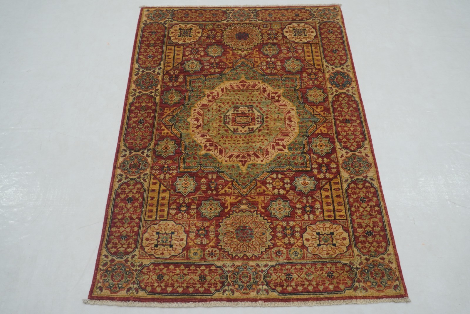 4×5 ft Red Mamluk Afghan Hand Knotted Wool Medallion Area Rug