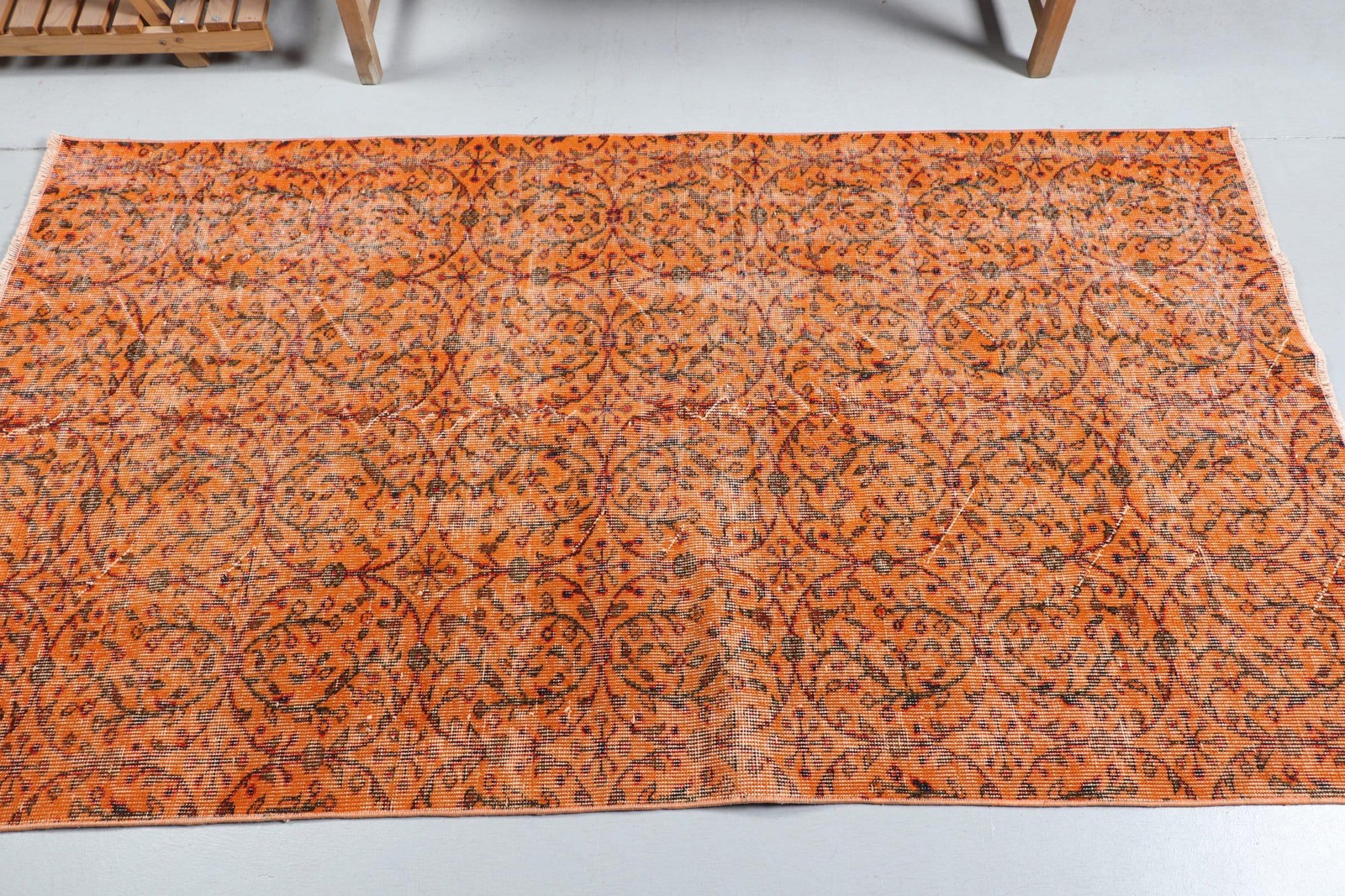 Vintage Rug 3,7×6,5 ft (114×198 cm), Orange Animal Print Turkish Rug