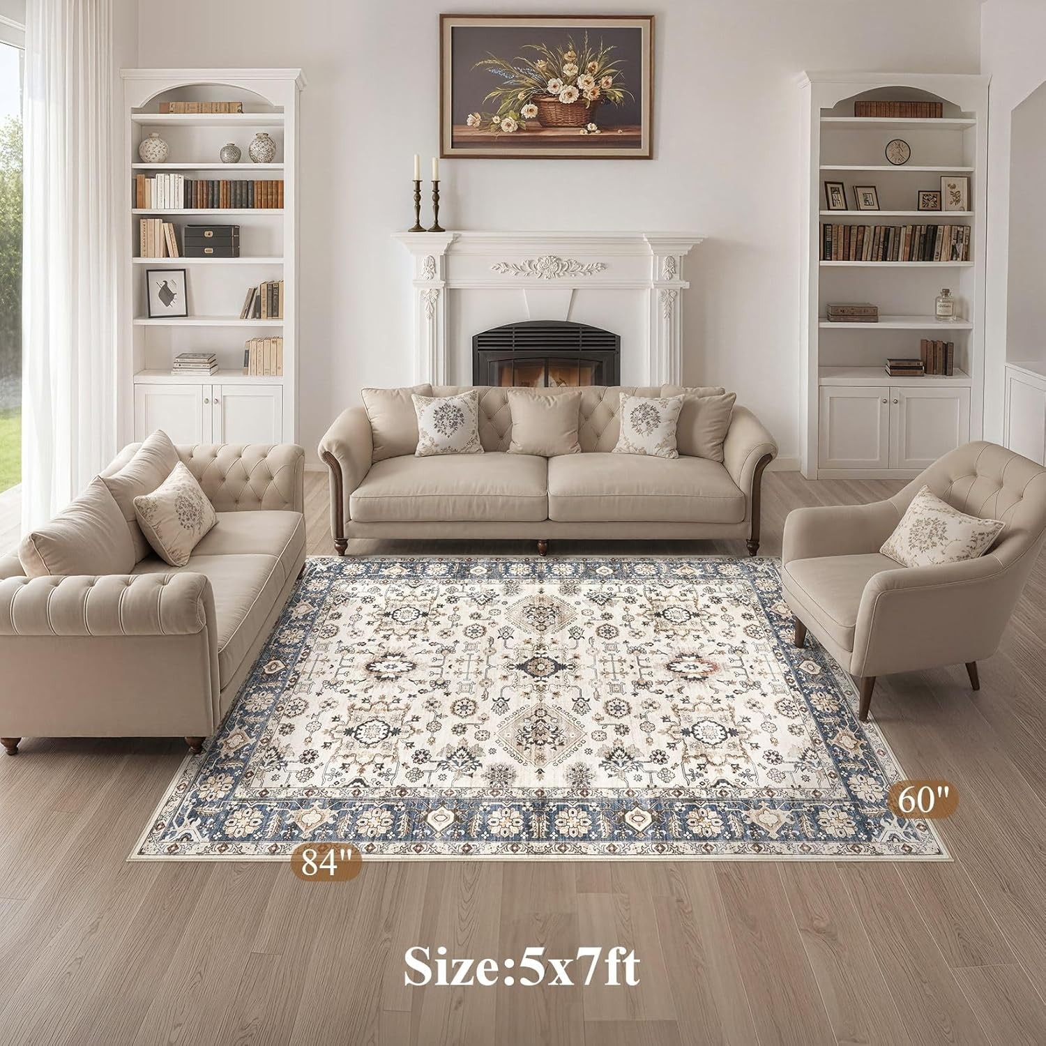 Area Rugs for Living Room: 5X7 Washable Rug Vintage Pattern Large Non-Slip Stain