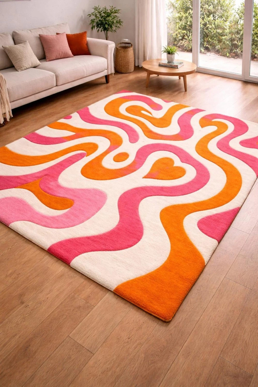 Hand Tufted Pink Orange Abstract Wave Rug, Retro Wavy Area Rug, Modern Carpet