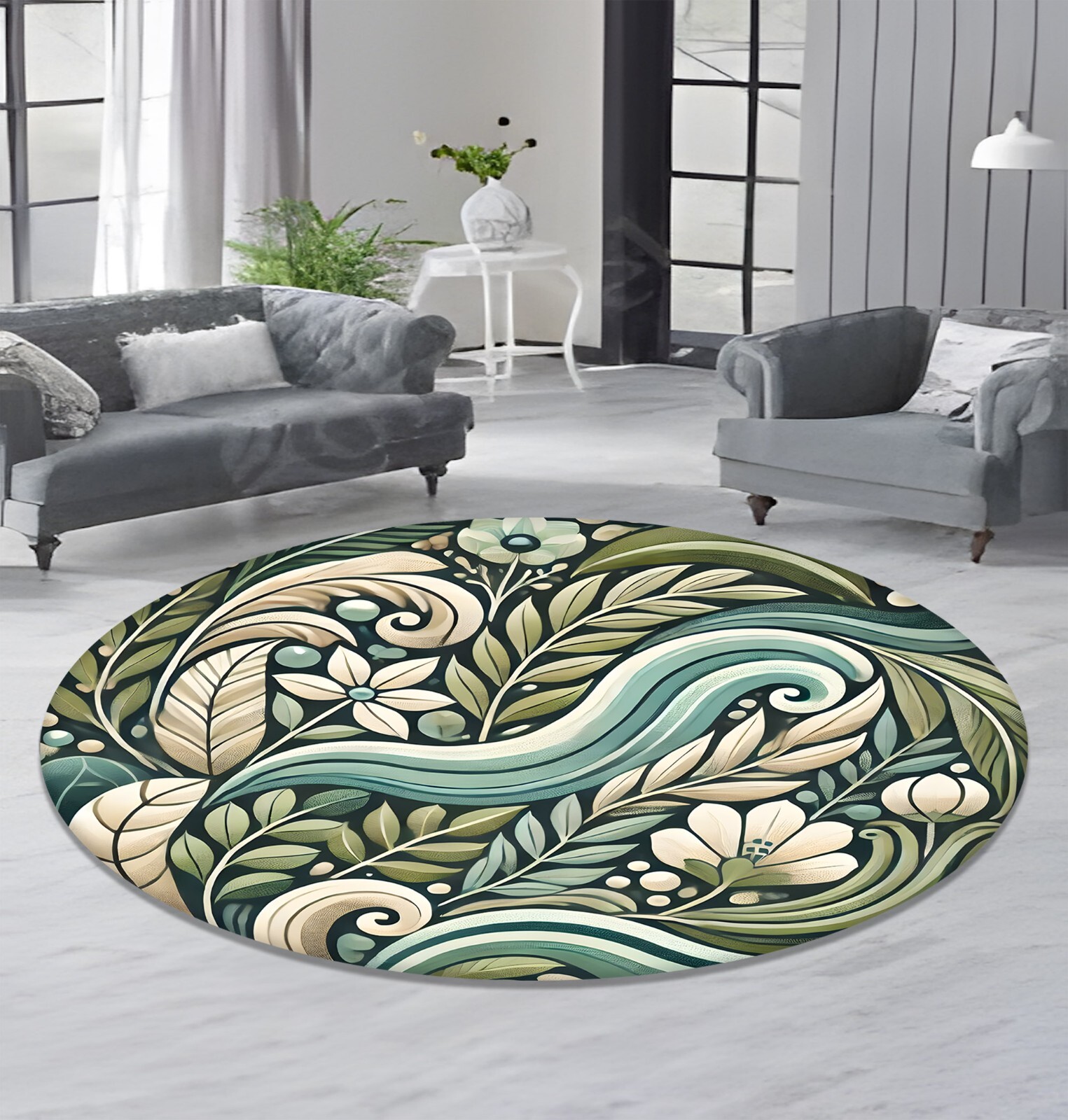 Round Modern Area Rug – Floral & Leaf Pattern, Non-Slip Decorative rug for Livin