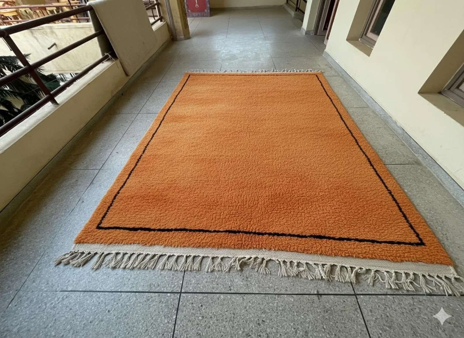 Handwoven Moroccan Berber Wool Rug Color Orange & Black Design Area Carpet Rug