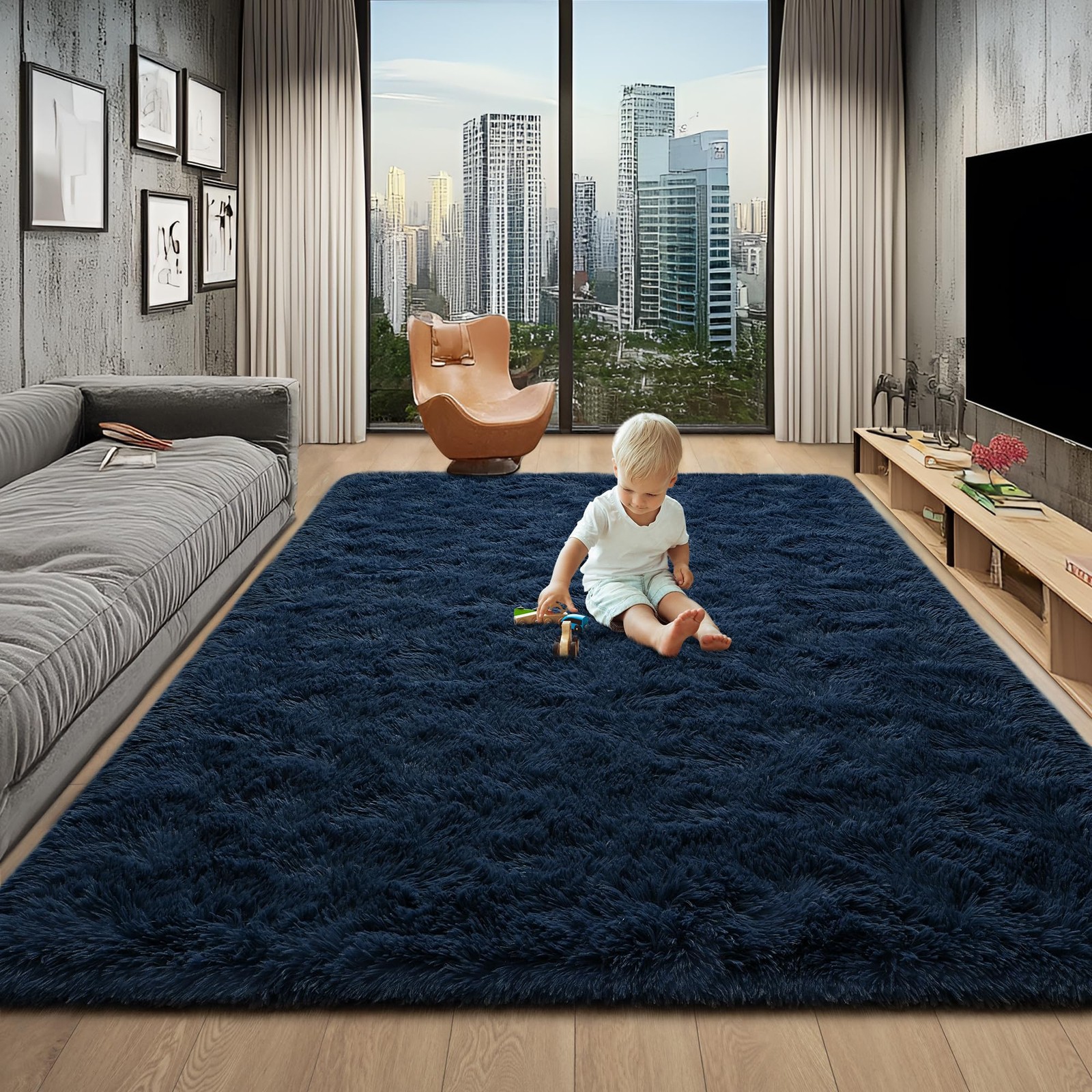 Foxmas Fluffy Navy Blue 6×9 Shaggy Area Rug for Living Room, Ultra-Soft Washable