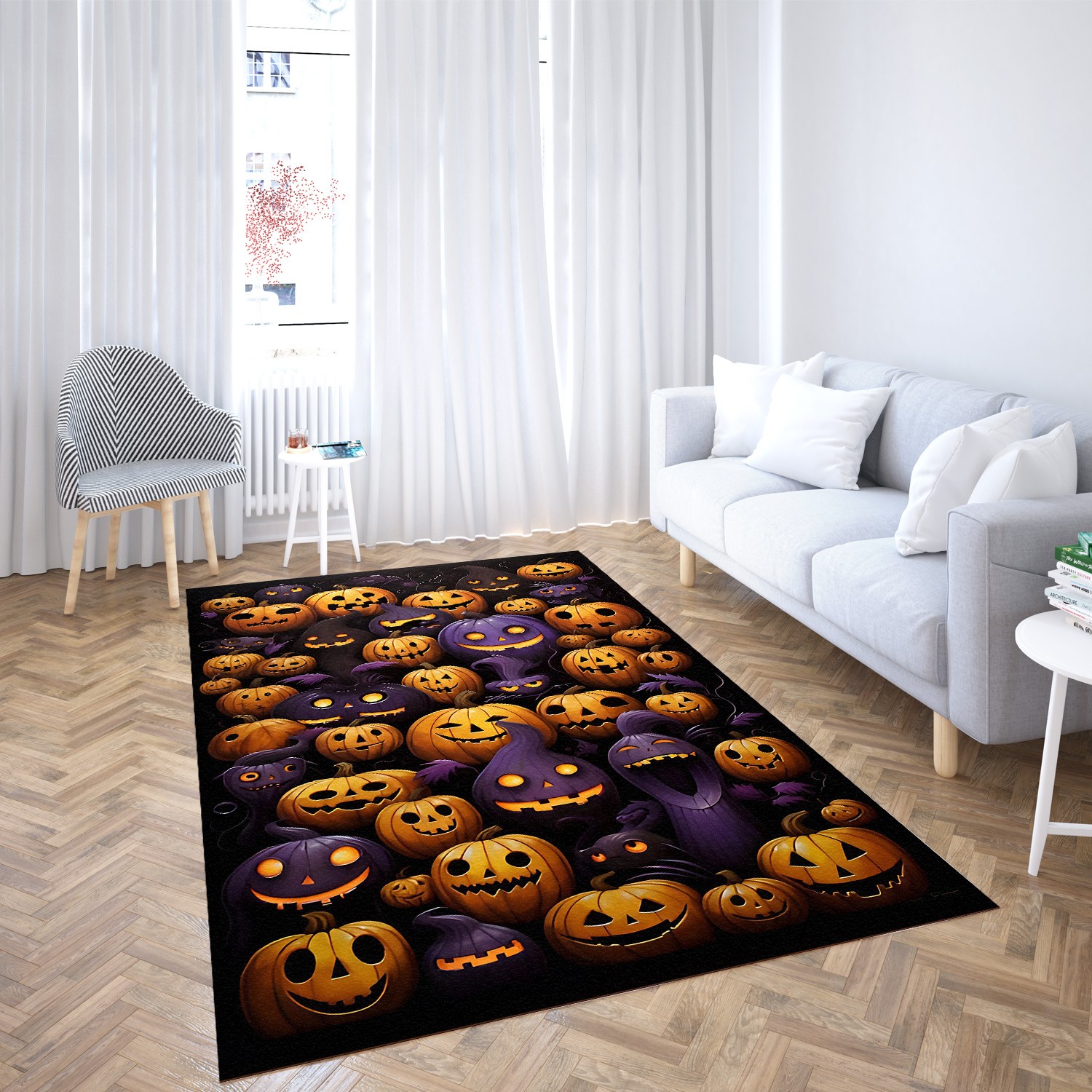 Halloween Pumpkin Pattern Cute Spooky Orange Purple Jack O Lantern Area Rug