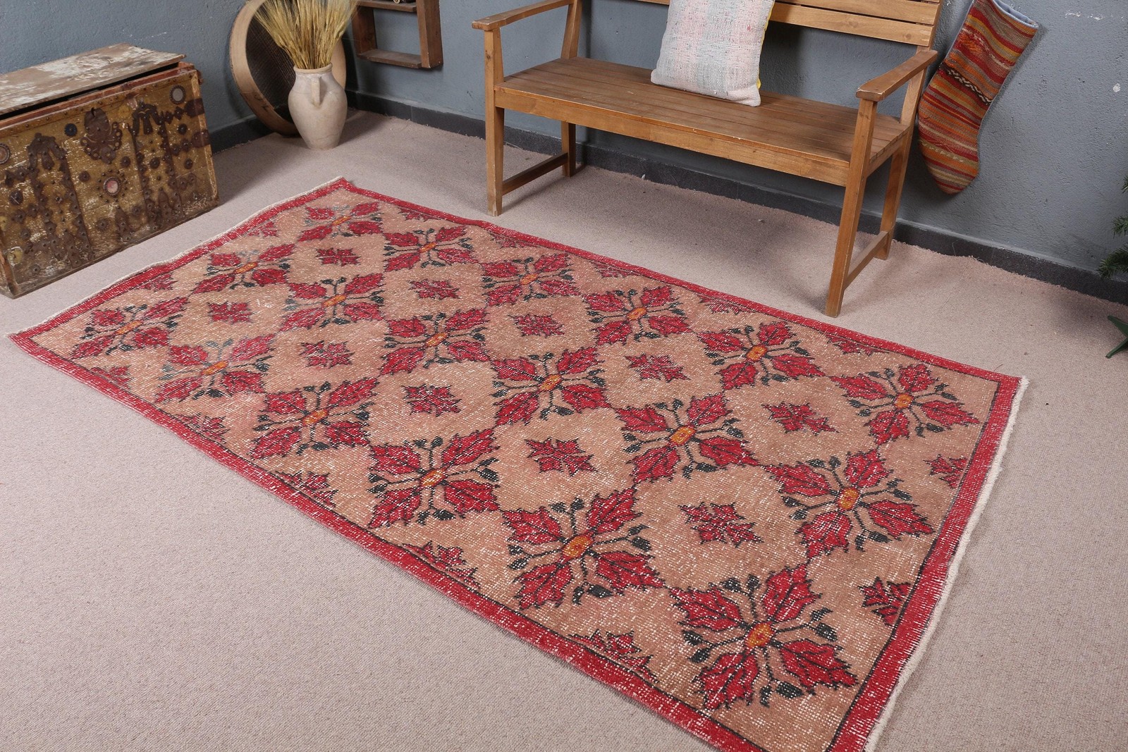 Vintage 4,5×7,8 ft Rug, Area Turkish Rug, Red Brown Abstract Rug
