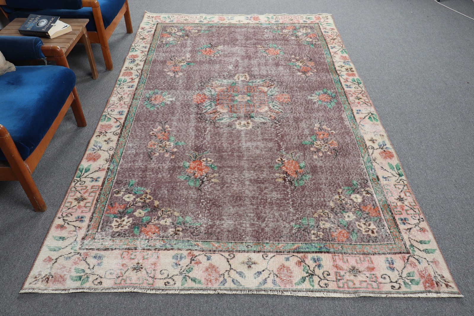 5,5×9 ft Turkish Large Rug, Vintage Brown Check Rug