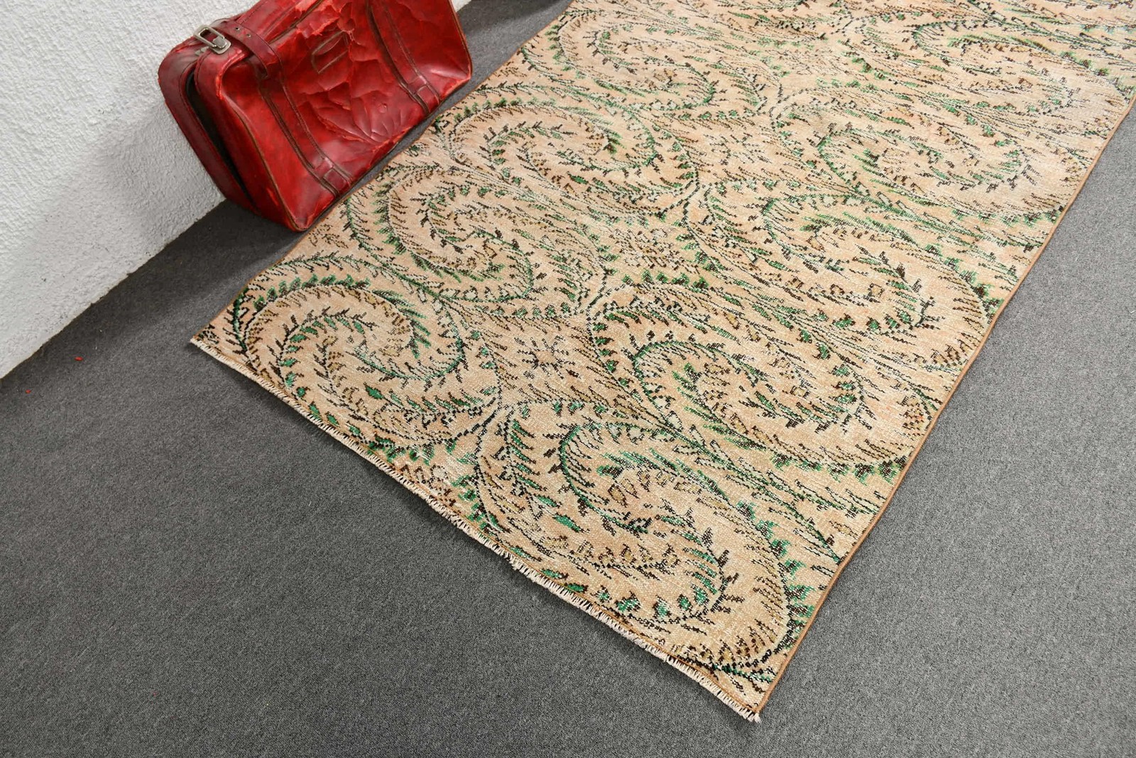 Vintage Turkish Rug, 4,3×7,4 ft Area Rug, Green Brown Patchwork Rug