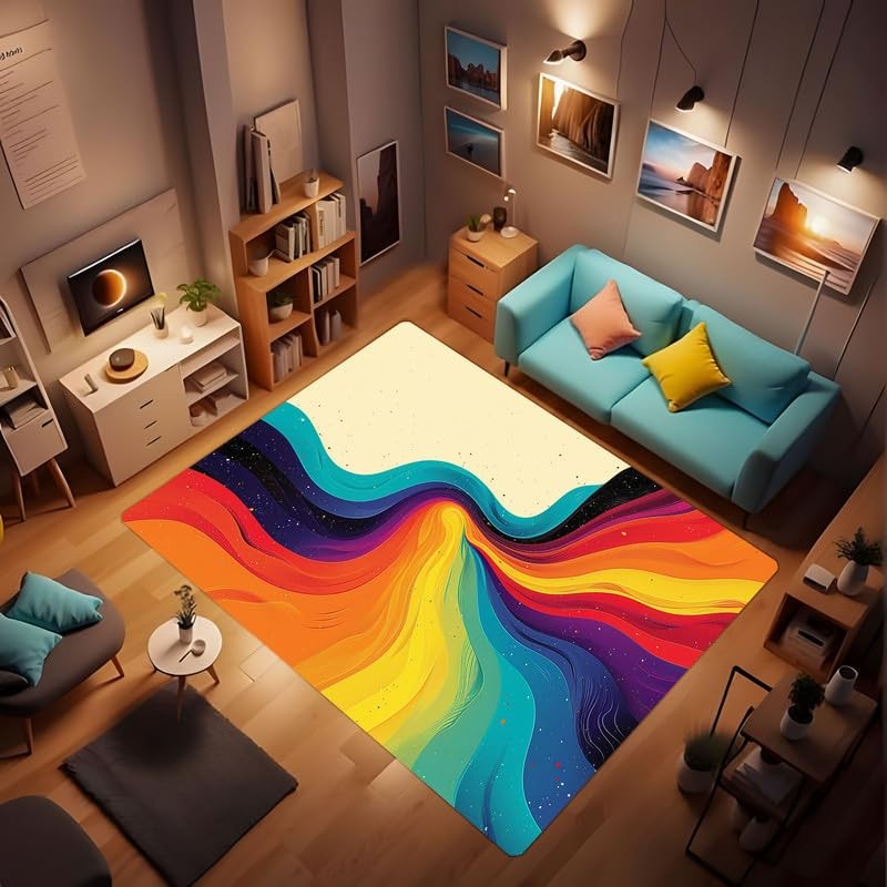 Wave Rainbow Modern Home Decoration, Abstract Art Style Colorful Soft Washabl…