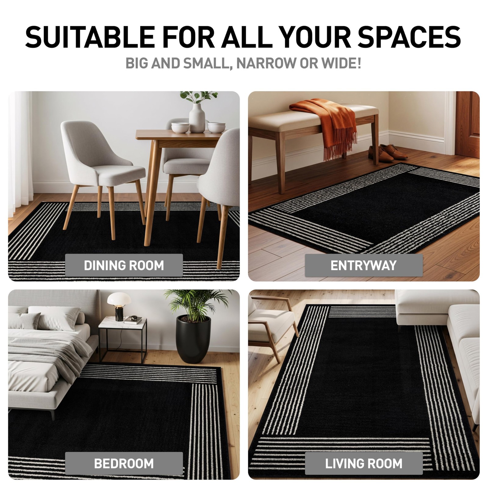 Indoor Area Rug 4′ X 6′ Black Low Pile 0.24-Inch for Entryway, Bedroom – Easy