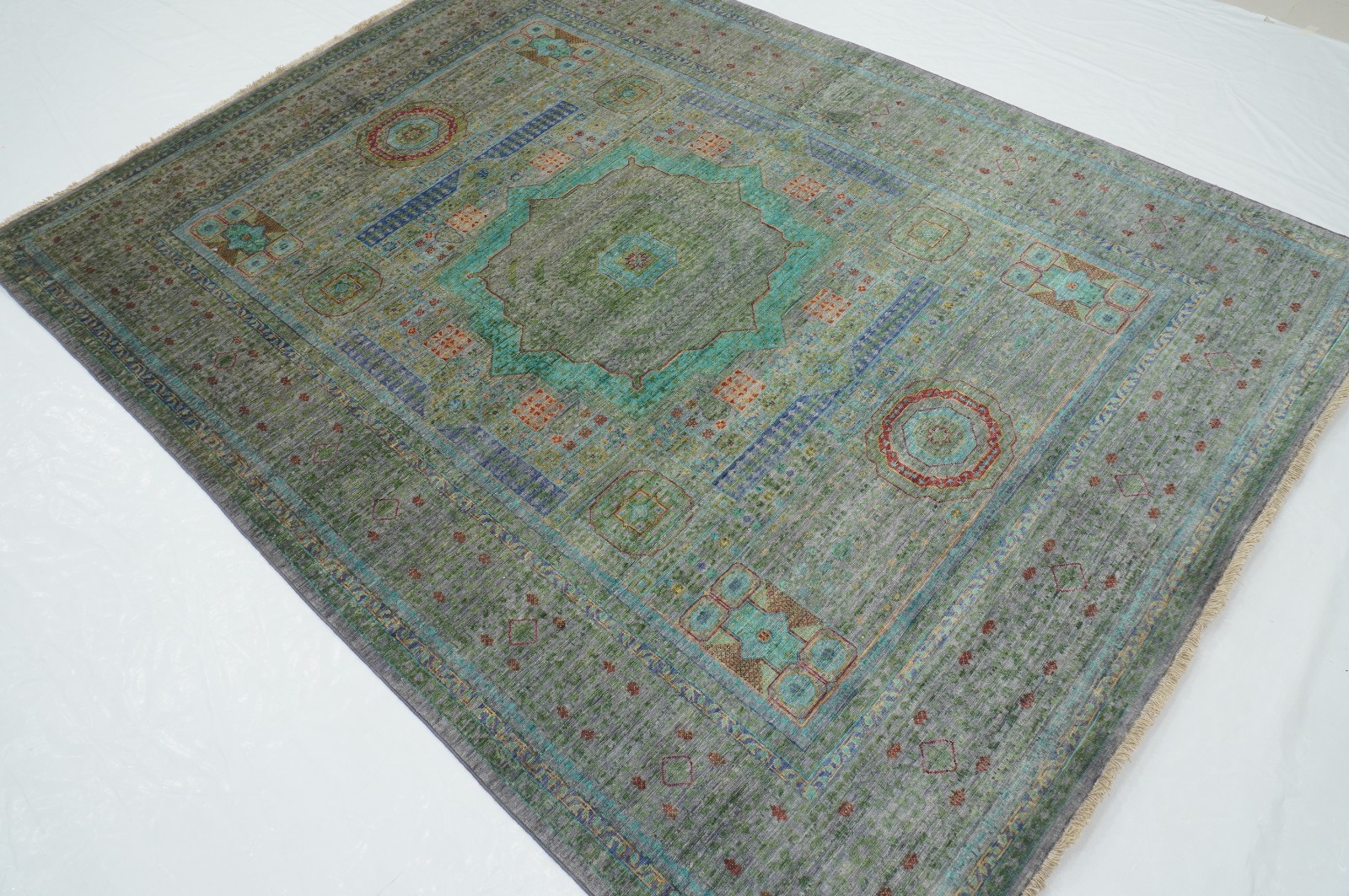 6×8 ft Gray Mamluk Afghan Hand Knotted Wool Medallion Rug