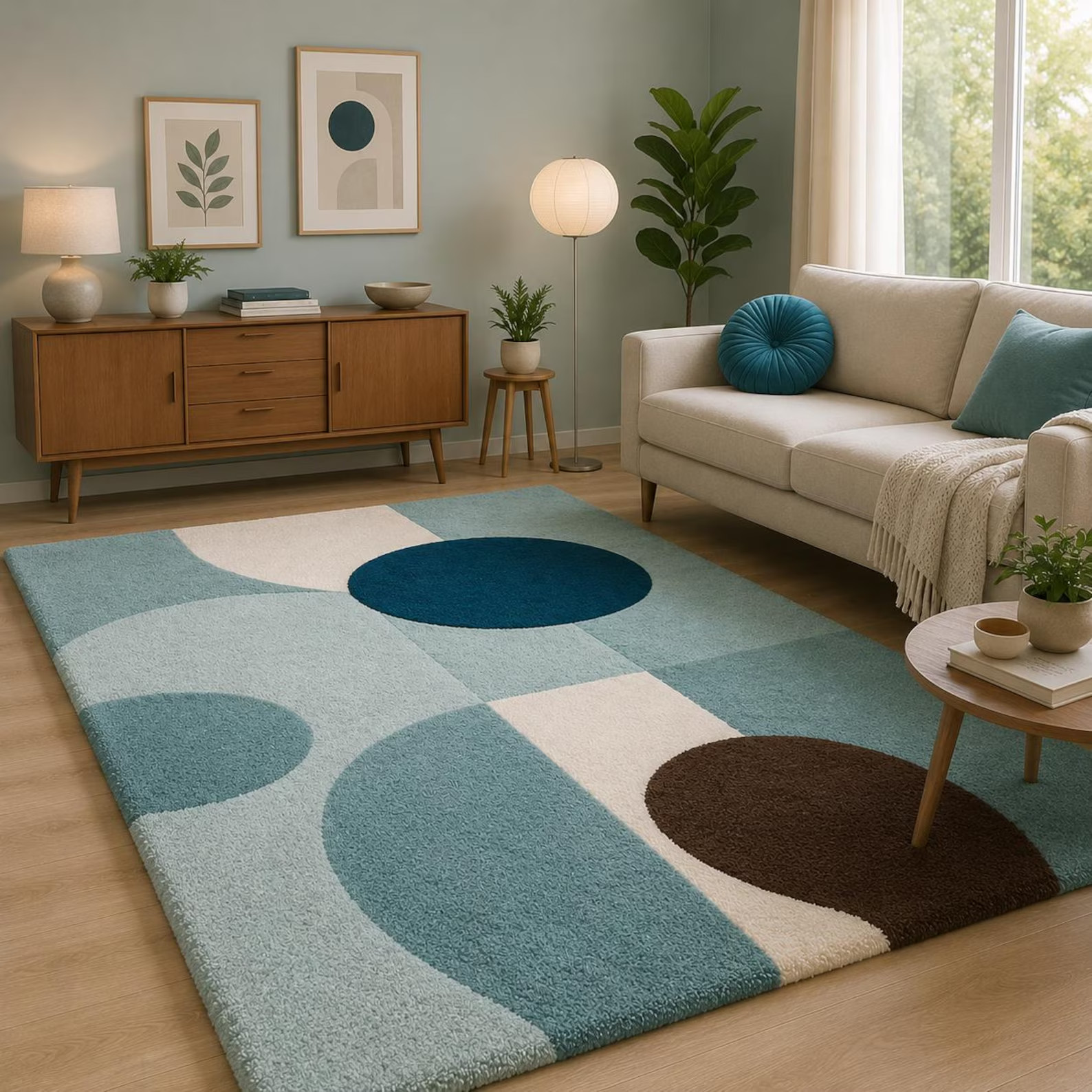 Modern Geometric Area Rug | Blue Abstract Rug | Scandinavian Living Room Carpet