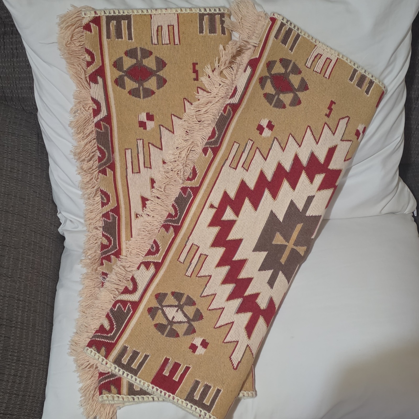 (2) Turkish EBAT 60x90cm Cotton Kilim Flat Weave Area Rug, Beige/Red Geometric