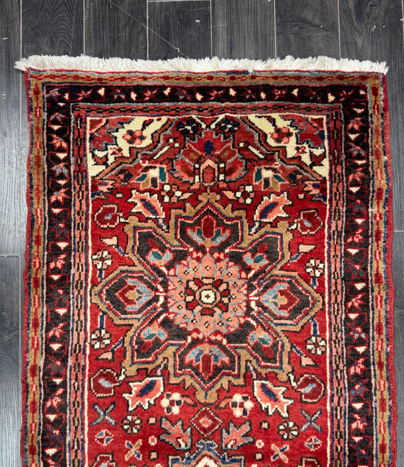Handmade Wool Runner Rug 6’9″ x 2’8″ Red Vintage Hallway Carpet