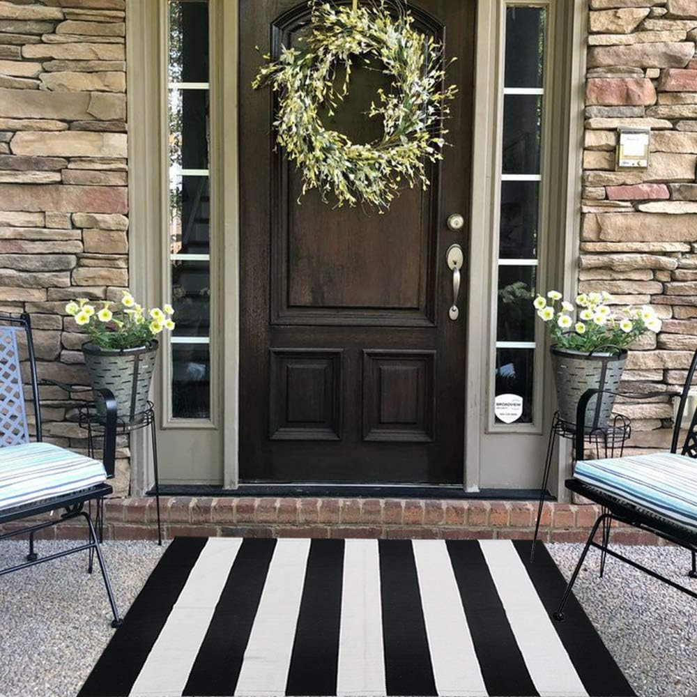Black and White Striped Outdoor Rug 27.5X 43 Inches Front Door Mat Hand-Woven Co