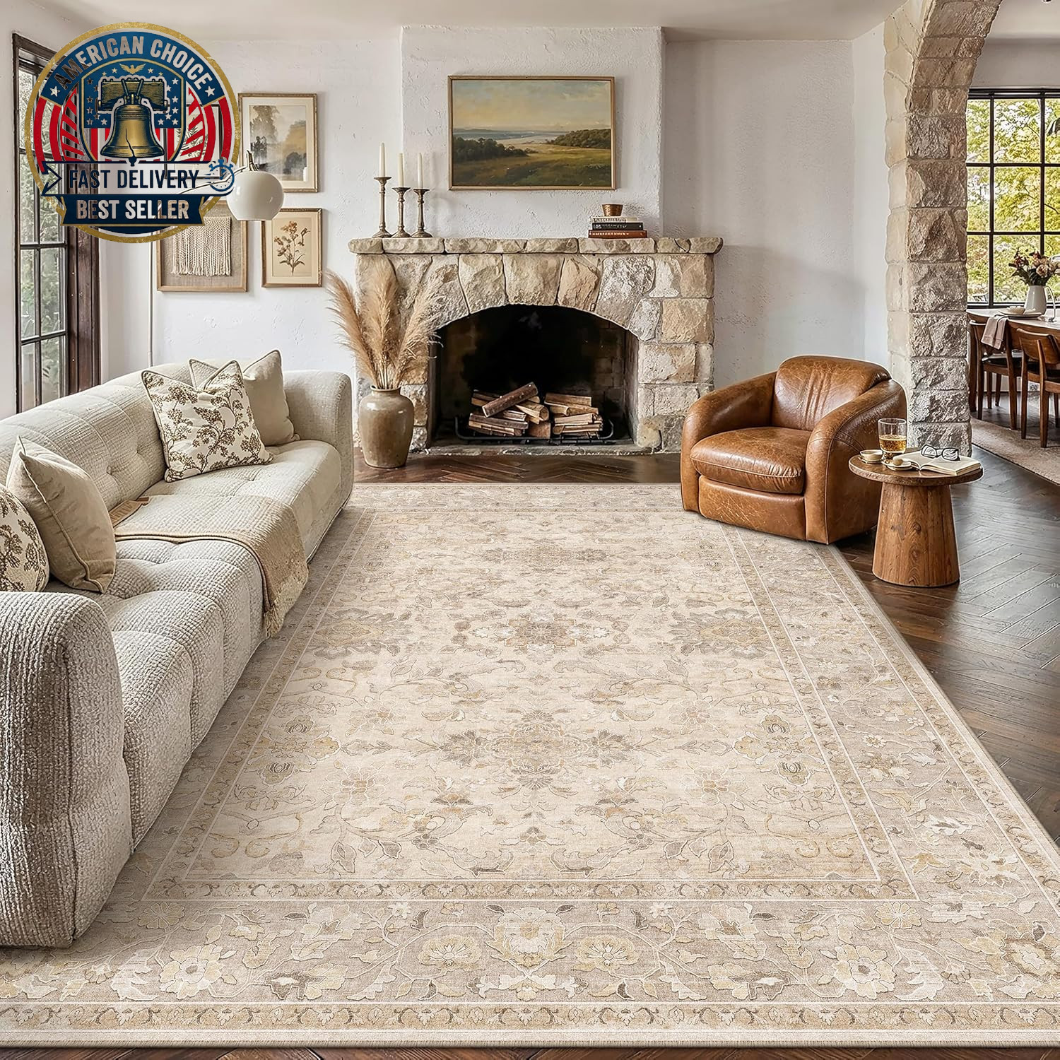 8X10 Beige Washable Area Rug for Living Room Bedroom Soft Low Pile Lightweight T