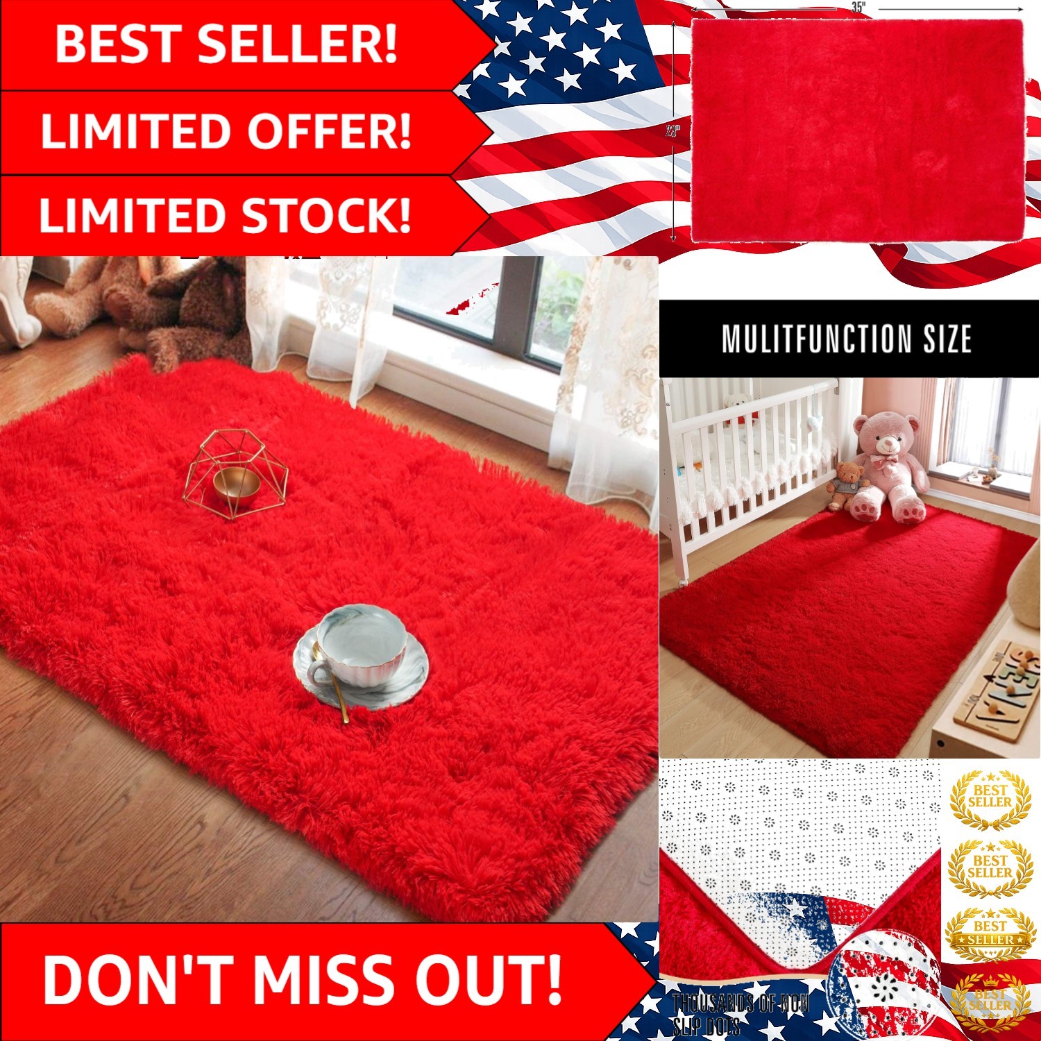 Machine Made Fluffy Red Indoor Area Rug – Perfect for Living Rooms & Nurseries