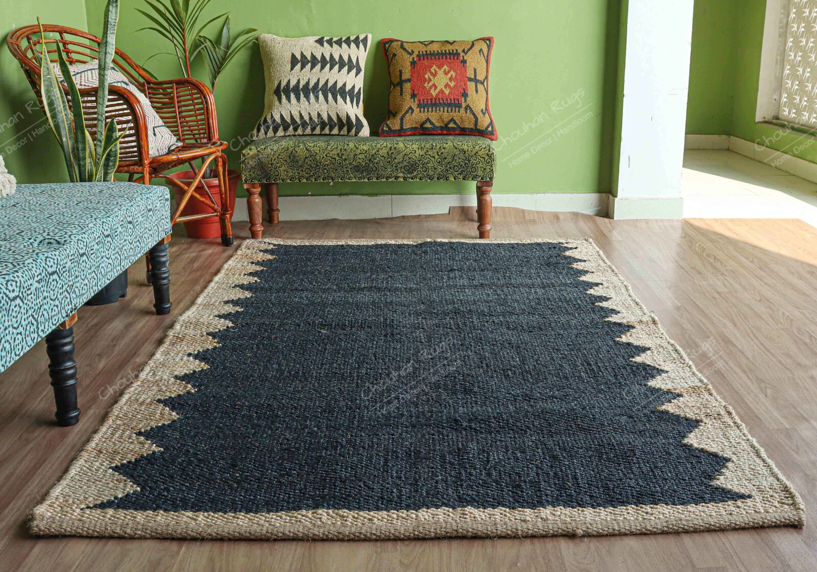 Indian Hemp Rectangle Jute Ru, Black With Beige Border Rug Vintage Rug Décor Rug