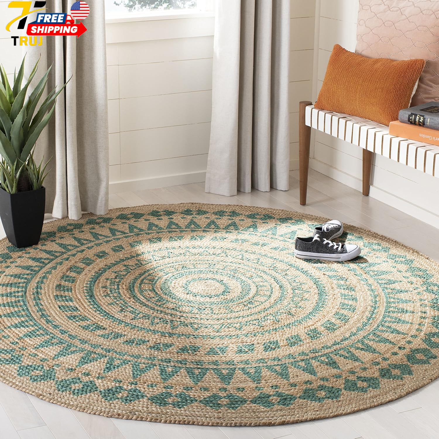 Natural Fiber round Collection 8′ round Teal NF802E Handmade Boho Mandala Braide