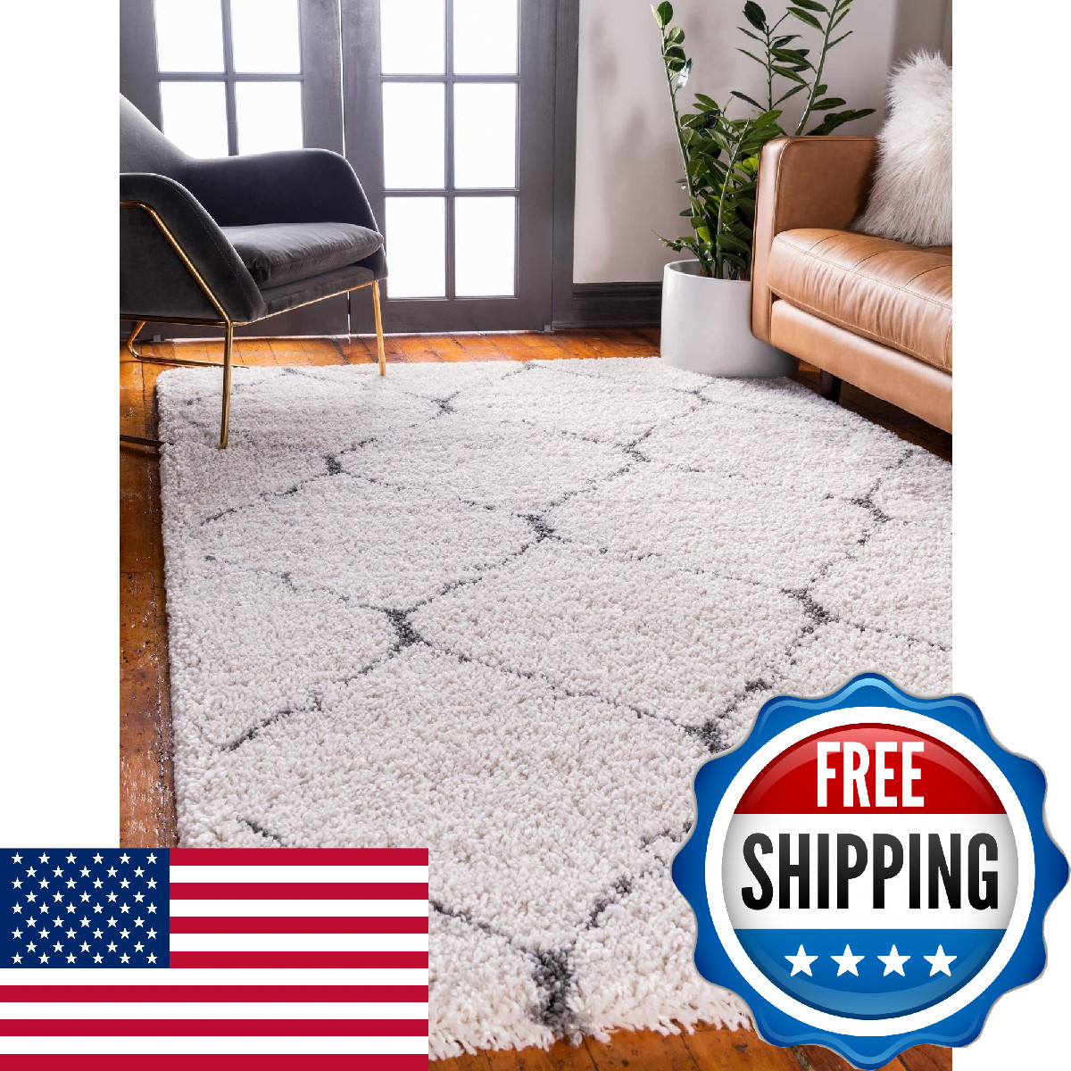 Unique Loom Rabat Shag Collection Area Rug – 2 2 X 3 1 Rectangle Ivory/Gray