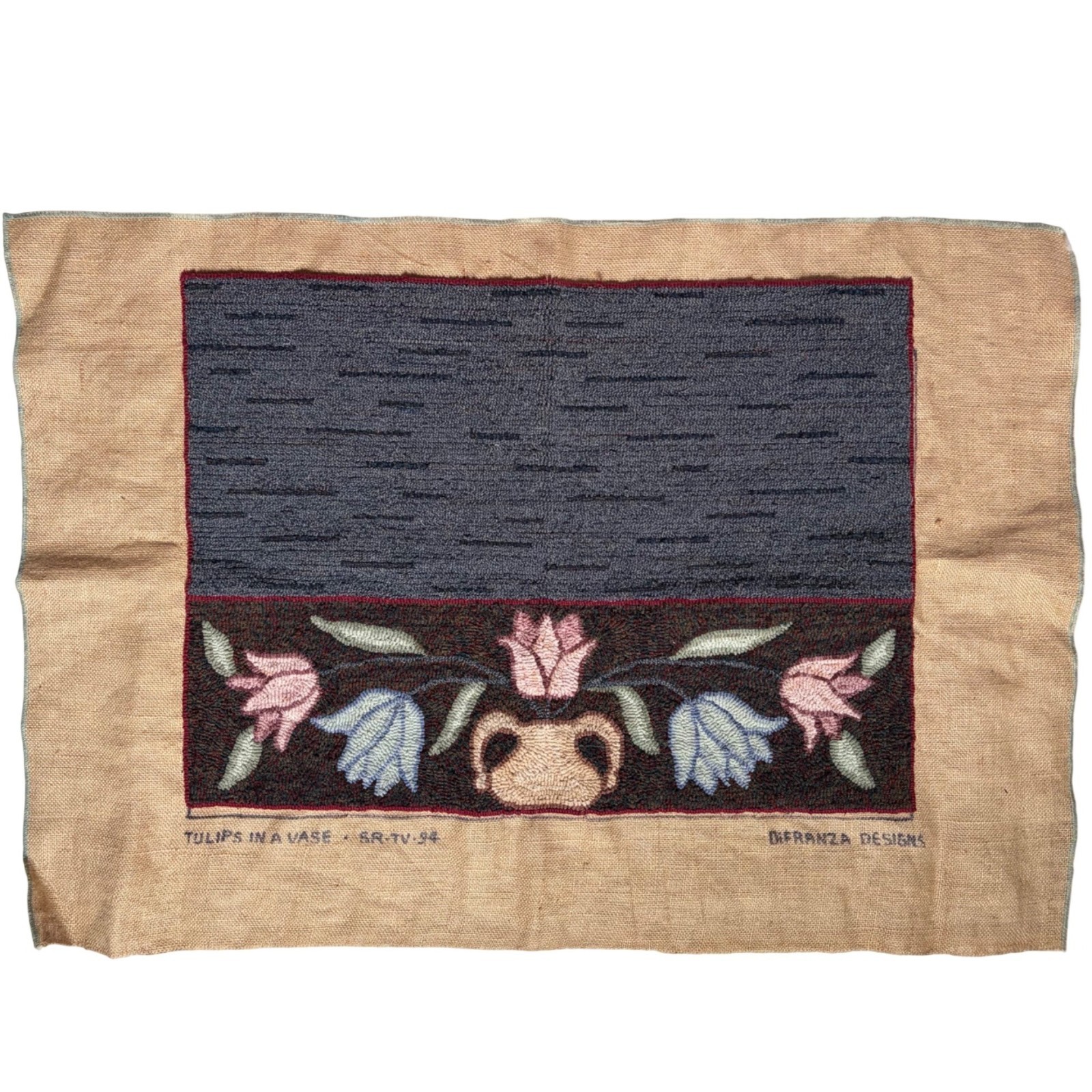 Vintage Tulips In A Vase Handmade Rug DiFranza Designs Blue Pink 20×27
