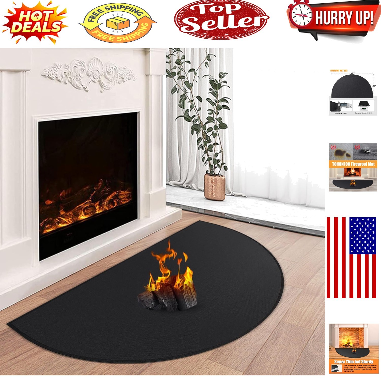 Fireproof Hearth Rug – 42x24in, Silicone Coated Fiberglass, Non-Slip, Indoor …