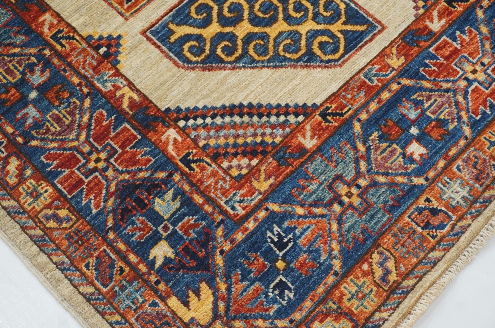 5×7 ft Beige Kazak Afghan Hand Knotted Wool Geometric Rug