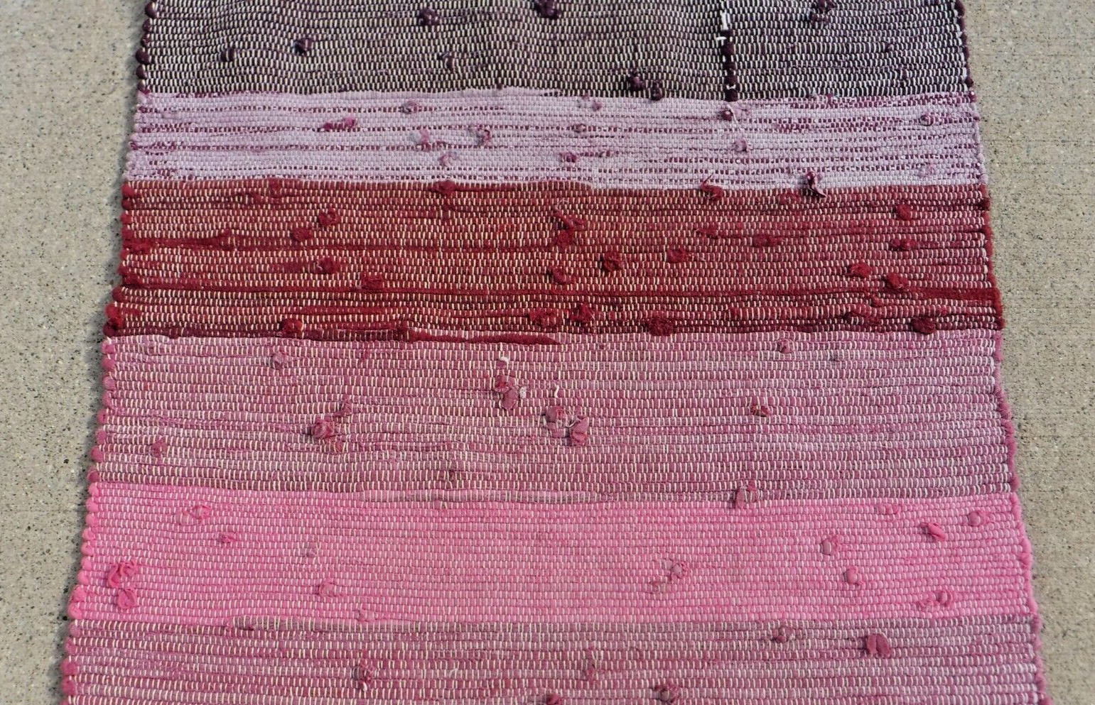 Handmade Rag Rug 42″ x 25.5″~Pinks~Reds~Wines~Vtg Farmhouse~Ranch~Midwest USA!