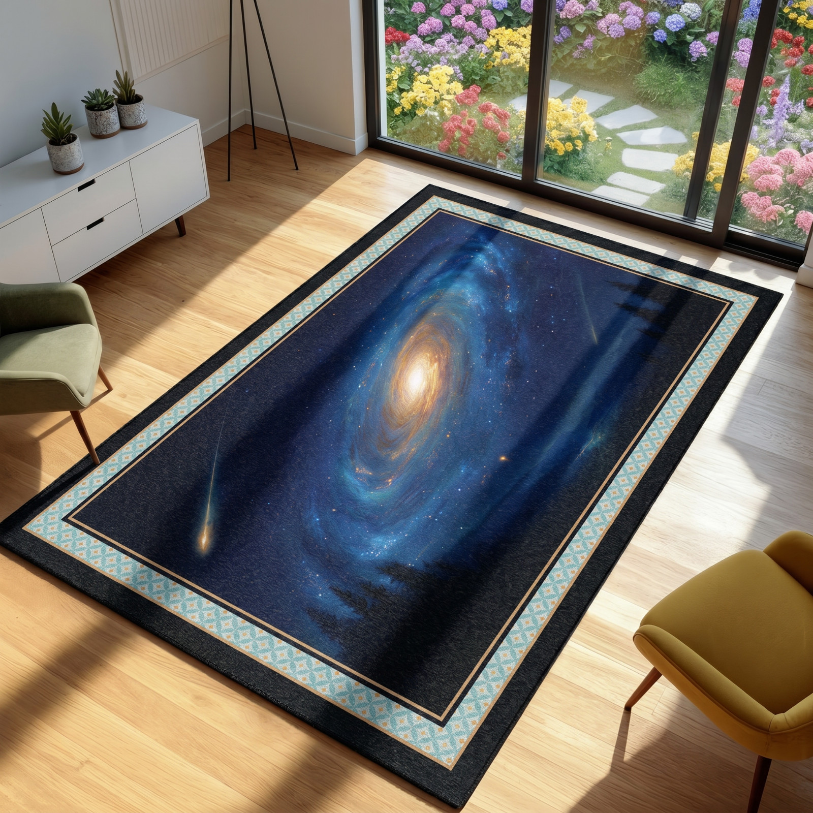 Celestial Galaxy Area Rug, Shooting Star Nebula Carpet, Outer Space Forest Floor
