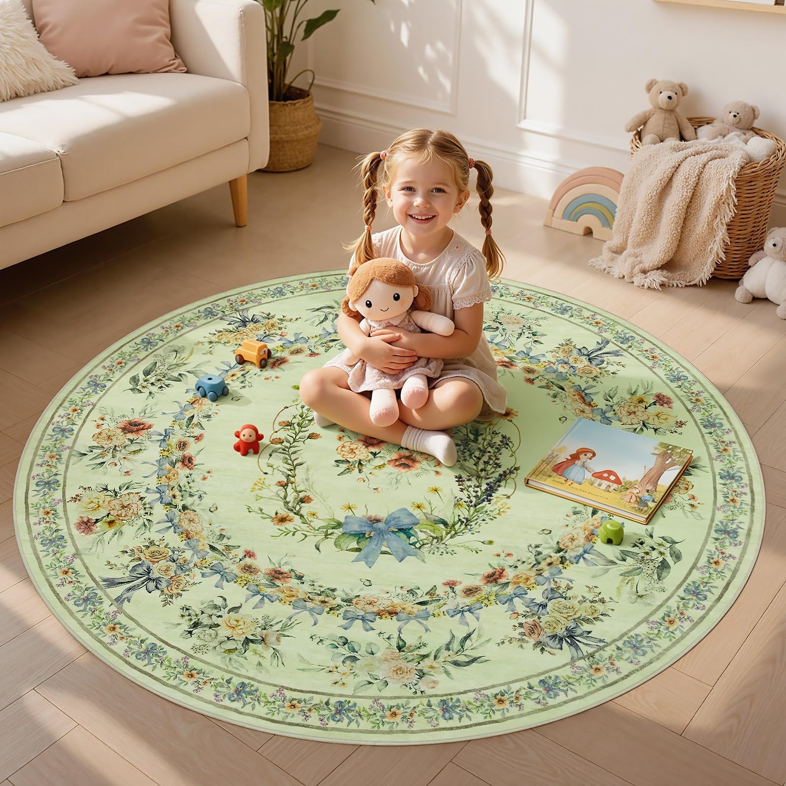 Joydeco Boho Bow Floral Machine Washable Round Rugs 5ft, Beige Flower Circle …