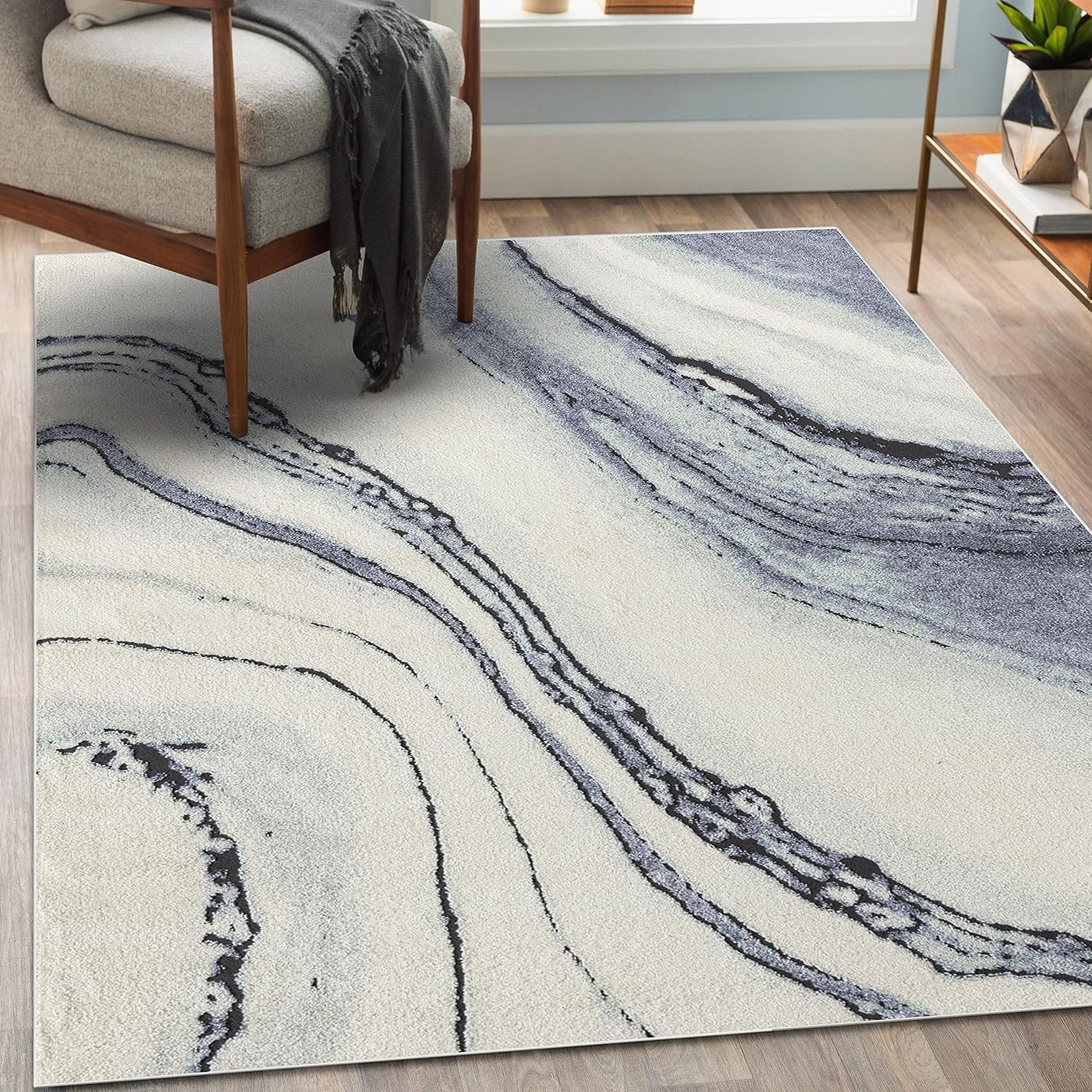 Dahlia Blue 8×10 Modern Marbled Area Rug, Abstract Design, Non-Shedding Medium