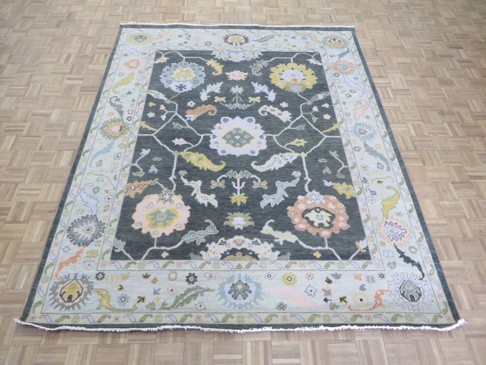 8 x 10 Hand Knotted Charcoal Black Colorful Oushak Oriental Rug G16673