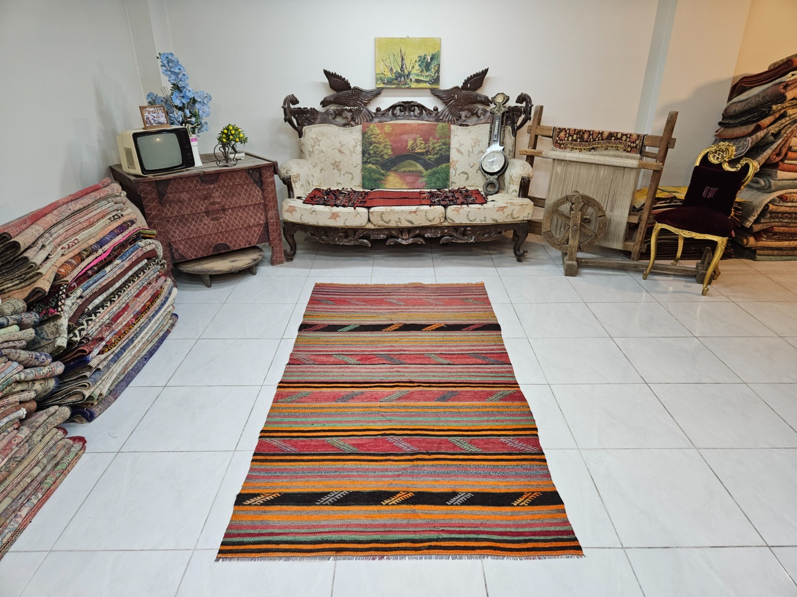 Red Turkish Kilim Rug for Living Room, 3.7 x 7.1 ft Handknitted Woolen Kilim Rug