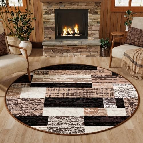 Modern Round Area Rug for Living Room, 4Ft Washable Round Rug Chocolate